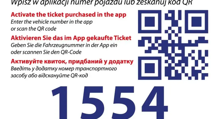 Instrukcja jak kupić bilet online: wpisz numer pojazdu lub zeskanuj kod QR. Widoczny numer 1554.