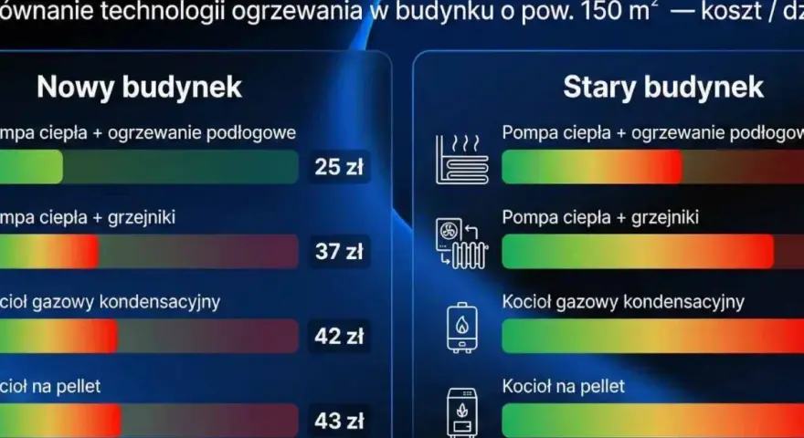 Porównanie dziennych kosztów ogrzewania przy -10°C dla budynku 150 m². Kocioł gazowy kondensacyjny w starym budynku to 42 zł, a w nowym 42 zł.