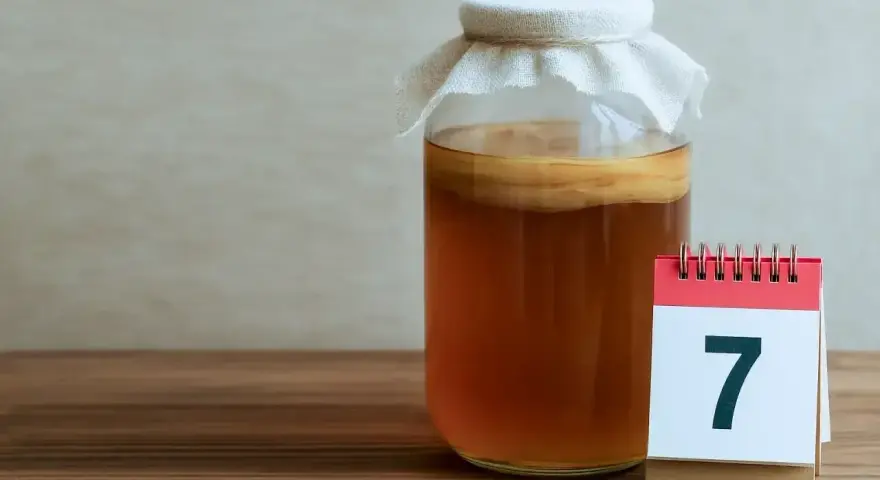 Słoik z kombuchą i kalendarz z cyfrą 7. Poznaj niezwykłe kombucha właściwości i zacznij swoją przygodę z fermentacją.
