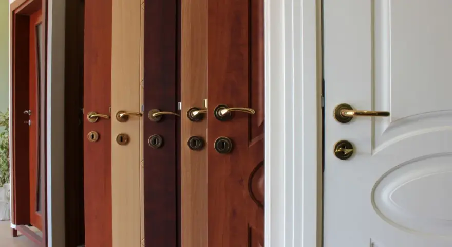 Variedad de tipos de puertas de madera y blancas, con diferentes acabados y manijas doradas.