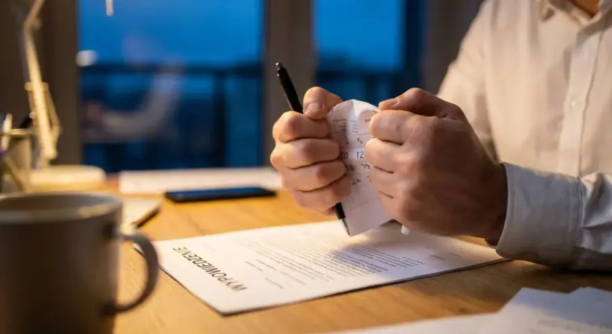 Mężczyzna zrywa kartkę z kalendarza, obok leży dokument "Wypowiedzenie umowy o pracę z zachowaniem okresu wypowiedzenia".