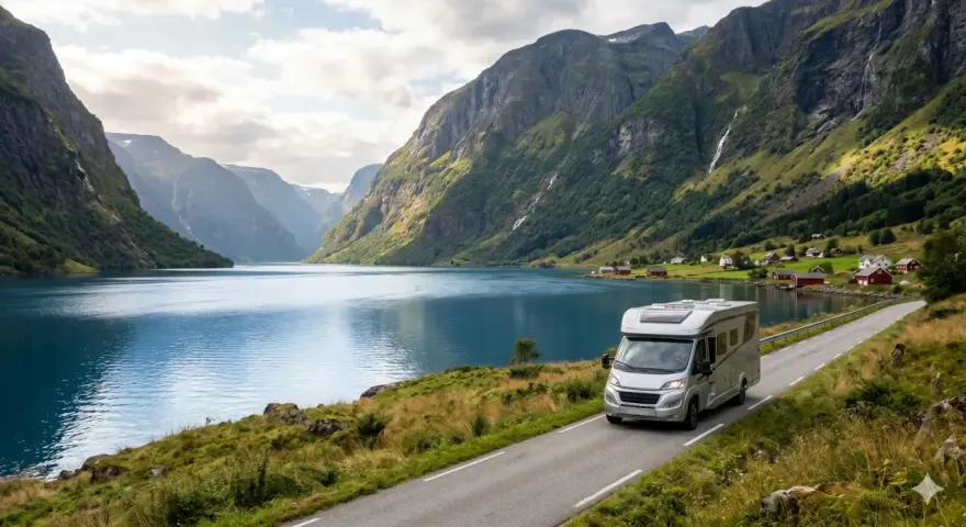 Husbil längs en fjord med dramatiska berg och vattenfall. En perfekt resa för att åka till Lofoten.