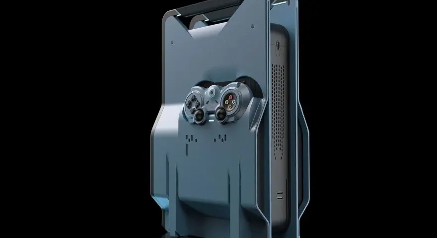 Futurystyczna konsola, przypominająca projekt playstation 6, z wbudowanym kontrolerem i futurystycznym designem.