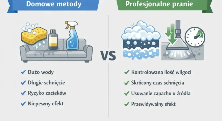 Porównanie domowych metod prania krzeseł z profesjonalnym czyszczeniem. Domowe metody to dużo wody i długie schnięcie.