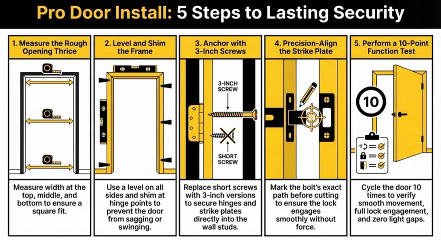 Learn how to hang a door with these 5 steps: measure, level, anchor, align strike plate, and test.