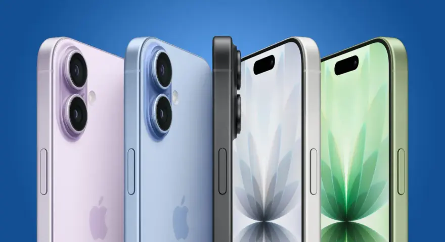 Fyra iPhones i olika färger, inklusive en lila och en ljusblå modell med dubbla kameror, samt en grå och en grön modell med Dynamic Island. Kanske en framtida iPhone SE4?