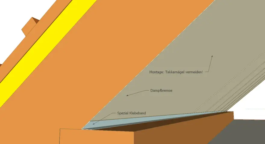 Detailansicht einer Dampfbremse am Dachboden, die mit Spezial Klebeband befestigt wird. Montagehinweis: Tackerklammern vermeiden!