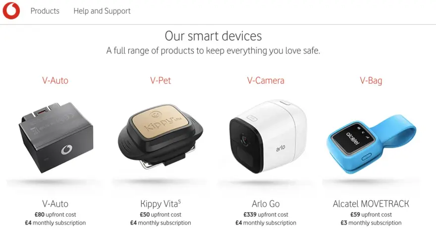Explore new IoT devices: V-Auto for cars, Kippy Vita for pets, Arlo Go camera, and Alcatel MOVETRACK for tracking.