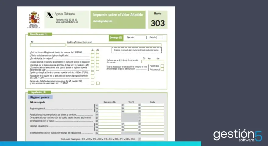 Formulario Modelo 303 para la liquidación del IVA. Incluye secciones de identificación, devengo y liquidación detallada de cuotas.