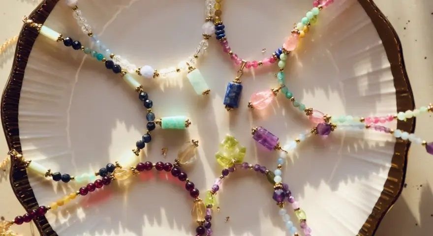Kolorowe naszyjniki z kamieni szlachetnych, w tym lapis lazuli znak zodiaku, ułożone na talerzu.