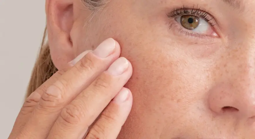 Dita sfiorano il viso, mostrando la texture della pelle e le lentiggini. Forse è il momento di applicare la pomata retinoica per un trattamento mirato.