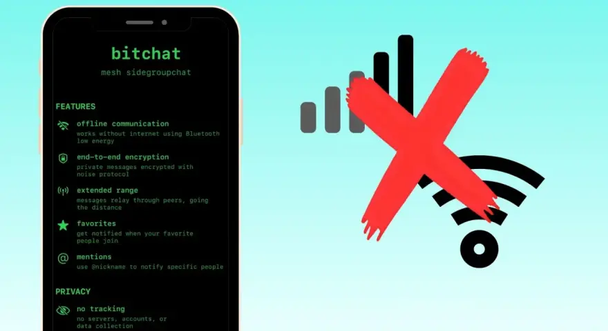 Bitchat App: Offline-Kommunikation mit Bluetooth ohne Internet. Rotes Kreuz über WLAN-Symbol.