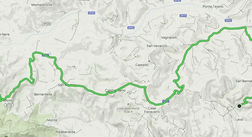 Mappa del cammino dei cappuccini, con sentiero verde che attraversa colline e borghi come Rola, Castiglione e Borgo Cappuccini.