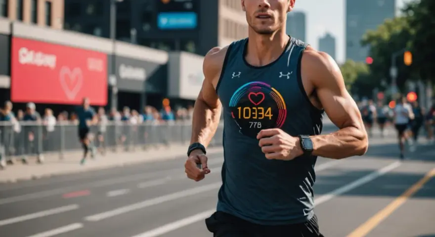 Biegacz podczas maratonu, monitorujący swoje tętno tlenowe na wyświetlaczu.