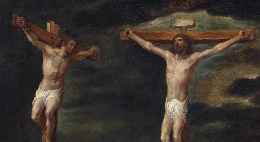 Jesus on the cross, with a repentant thief beside him, calls for change.