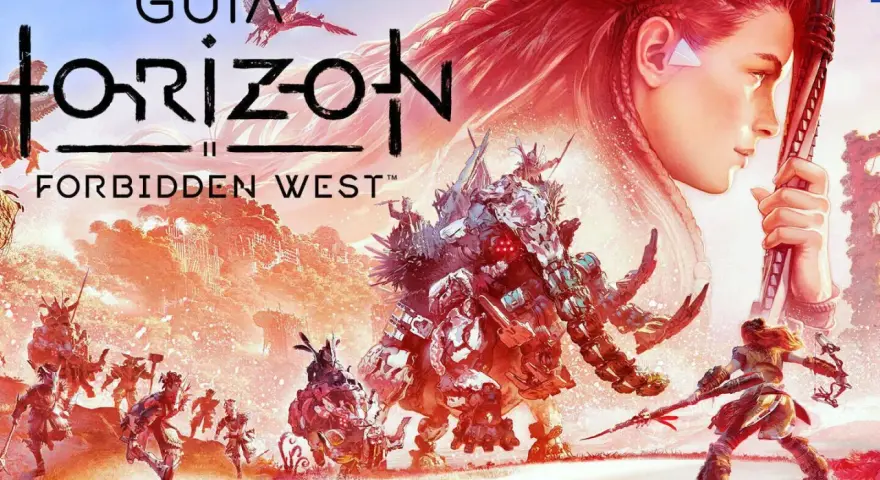Aloy se enfrenta a un mamut mecánico en el arte de la guía de Horizon Forbidden West. ¡Conquista todas las máquinas para conseguir los trofeos!