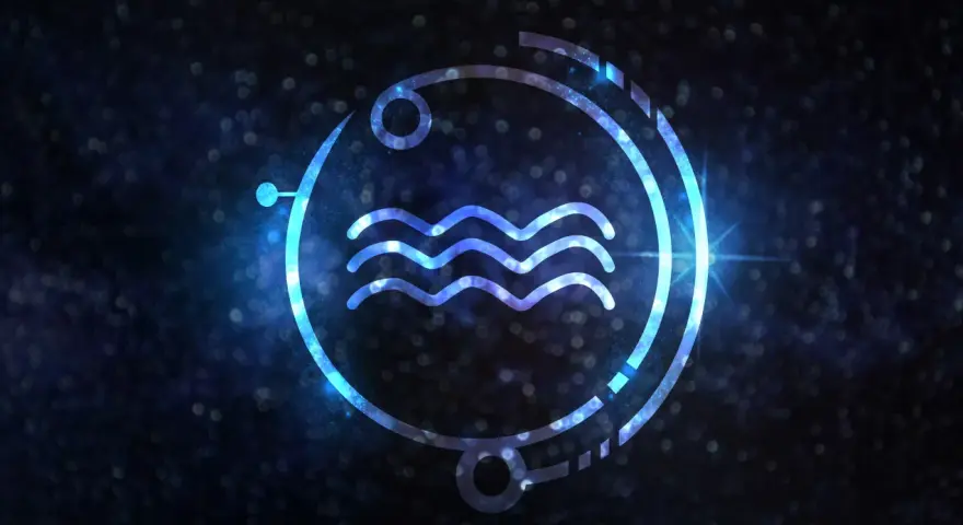 Symbol Wodnika, symbolizujący trudny charakter, w neonowym blasku na tle kosmicznej mgławicy.