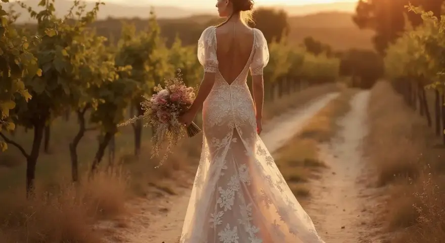 Mariée dans une robe de dentelle, bouquet à la main, marchant dans un vignoble au coucher du soleil. La longueur des brides de la robe souligne sa silhouette.