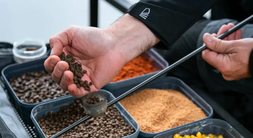 Wędkarz przygotowuje zanętę na tołpygę, wsypując pellet do specjalnego kubeczka. W tle widać pojemniki z różnymi rodzajami przynęt.