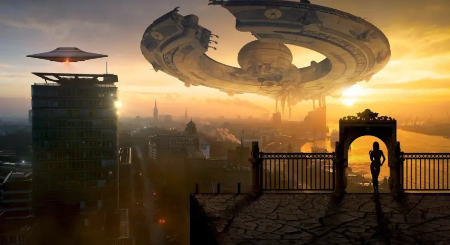 Un'imponente nave madre sci fi incombe su una città al tramonto, mentre un UFO più piccolo sorvola un grattacielo. Una figura silhouette osserva la scena da un balcone.