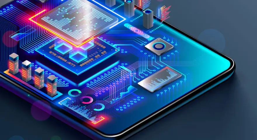Abstrakte Darstellung eines Smartphone-Prozessors mit leuchtenden Schaltkreisen und Komponenten.