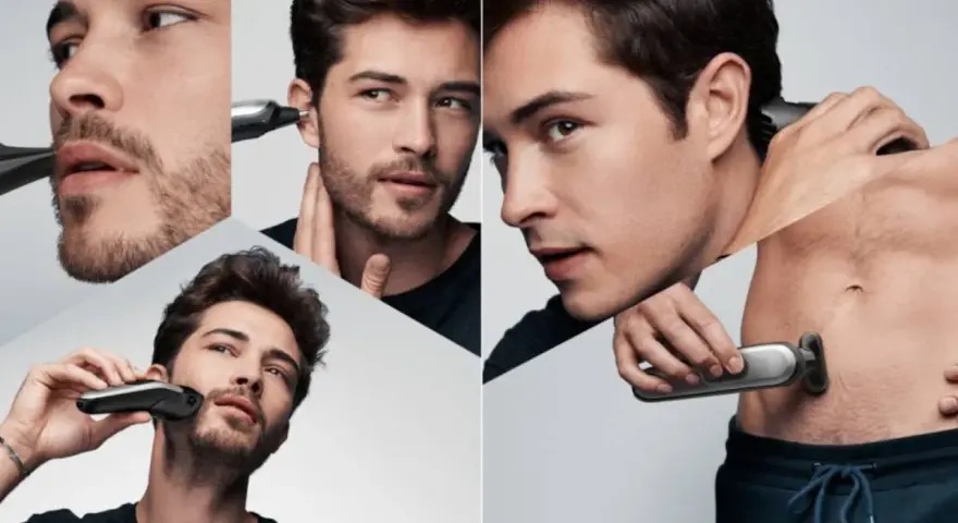 Hombres usando recortadora para barba, orejas y cuerpo. Descubre cada cuanto afeitarse para un look impecable.