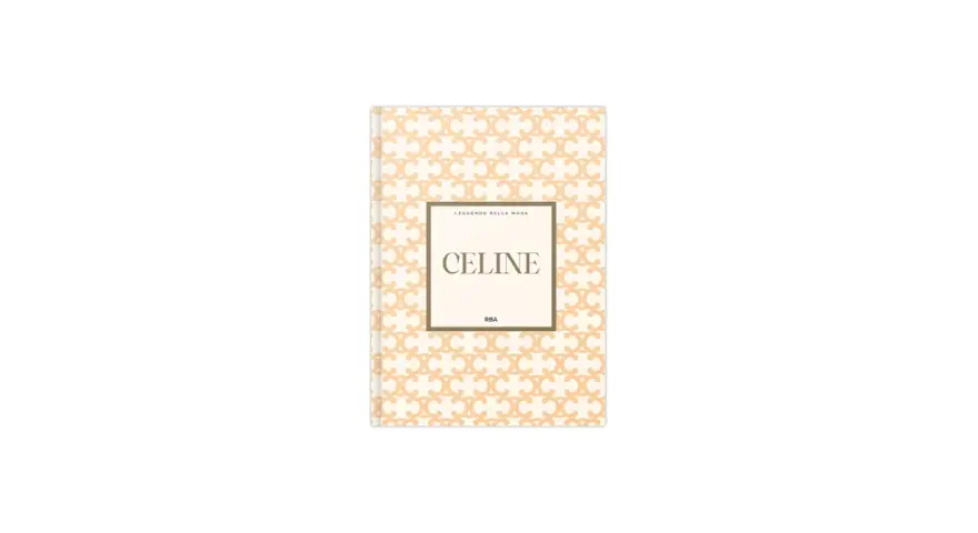 Copertina di un libro sul marchio Celine, con un motivo a "C" intrecciate e il nome del brand in evidenza.
