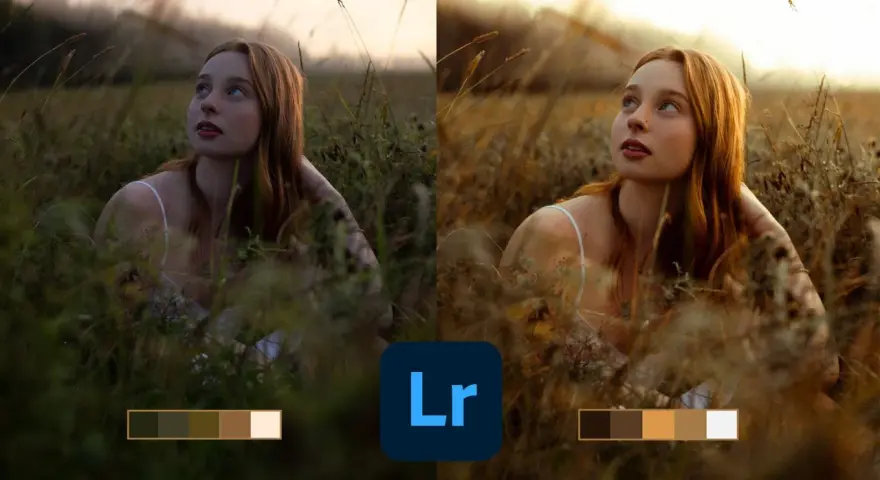 Jeune femme rousse dans l'herbe, avant et après retouche ia lightroom. Palette de couleurs chaudes et douces.