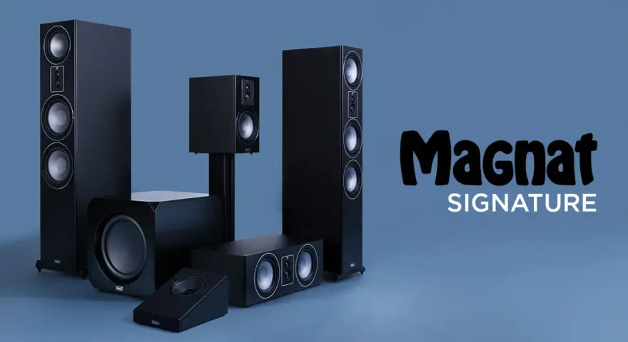 Zestaw czarnych głośników Magnat Quantum 605, w tym kolumny podłogowe, subwoofer i głośniki centralne, prezentuje się elegancko na niebieskim tle.
