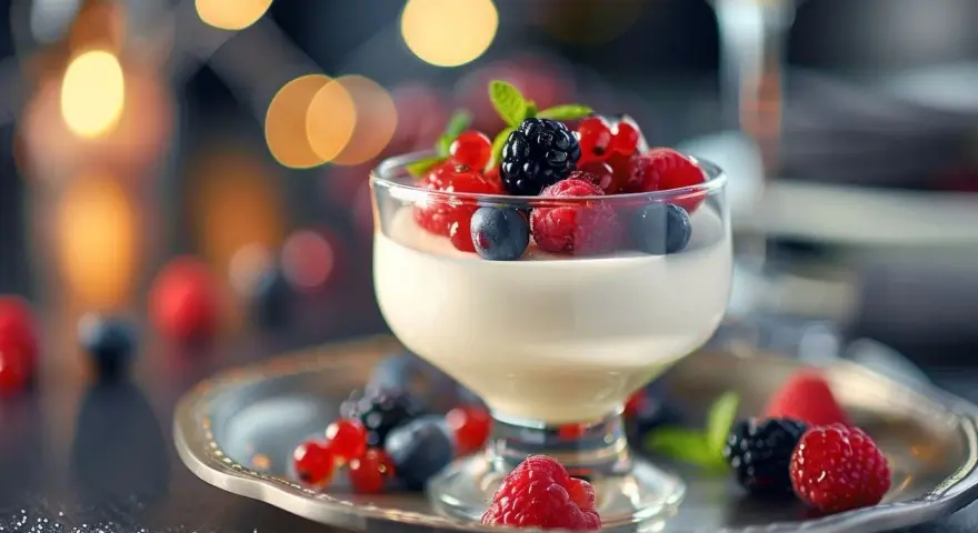 Délicieuse panna cotta crémeuse garnie de fruits rouges frais et d'une feuille de menthe, sur un plateau argenté.