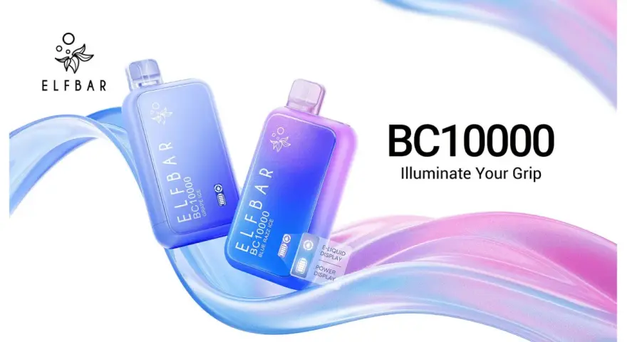 Dos vapers Elf Bar BC10000 en tonos azules y morados, uno con etiqueta "Blue Razz Ice", flotando sobre ondas de color.