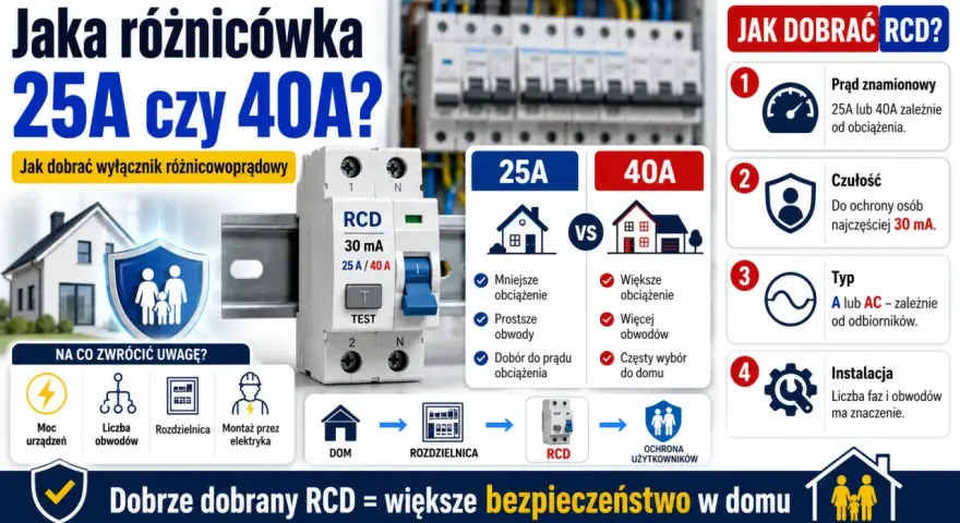 Porównanie wyłączników różnicowoprądowych 25A i 40A. Wybór odpowiedniego RCD do pompy ciepła zależy od obciążenia i liczby obwodów.