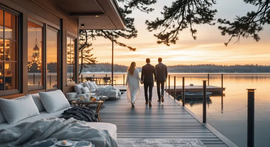 Par går hand i hand på en brygga vid en sjö i solnedgången. En idyllisk scen som visar några av Sveriges unika hotell.