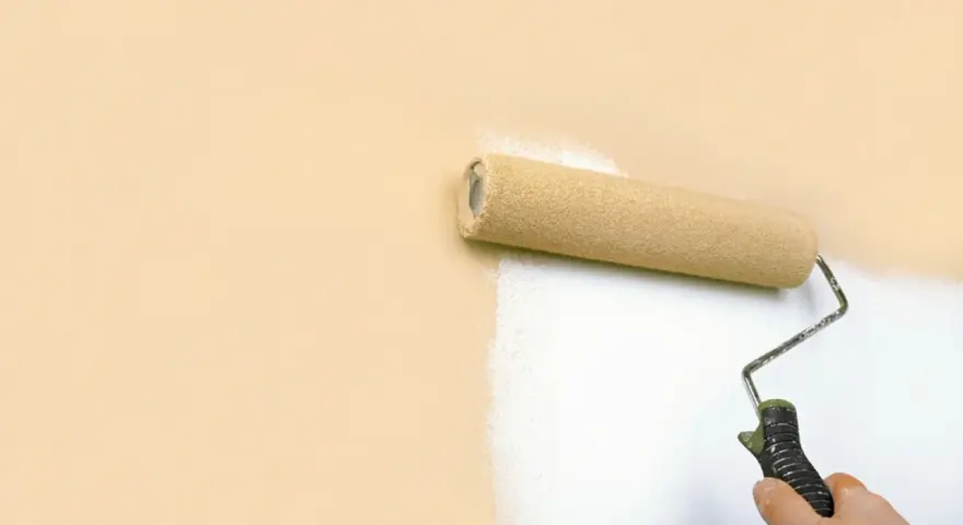 Rodillo pintando una pared de color melocotón con pintura blanca, buscando la mejor pintura antiruido para un hogar tranquilo.