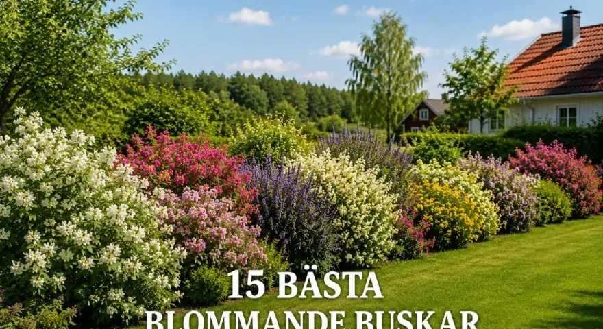 En vacker trädgård med en rad av blommande buskar i olika färger, från vitt och rosa till lila och gult.