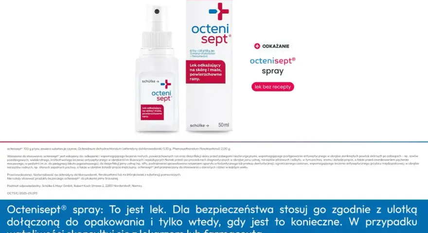 Octenisept spray do odkażania małych, powierzchownych ran, w tym w miejscach intymnych. Pomaga w leczeniu ran i dezynfekcji skóry.