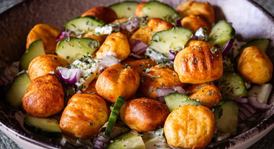 Herzhafter Gnocchi Salat mit Gurken, roten Zwiebeln und einem cremigen Dressing, garniert mit Kräutern.