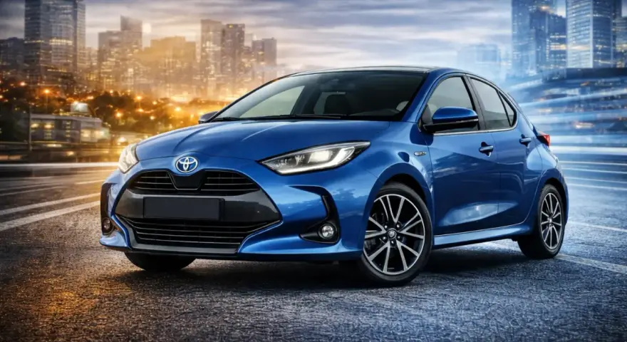 Niebieski Toyota Yaris Hybrid na tle miasta nocą. Sprawdź atrakcyjną toyota yaris hybrid cena.