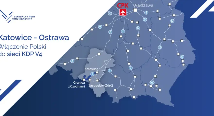 Mapa przedstawia połączenie kolejowe Katowice - Ostrawa, włączając Polskę do sieci KDP V4.