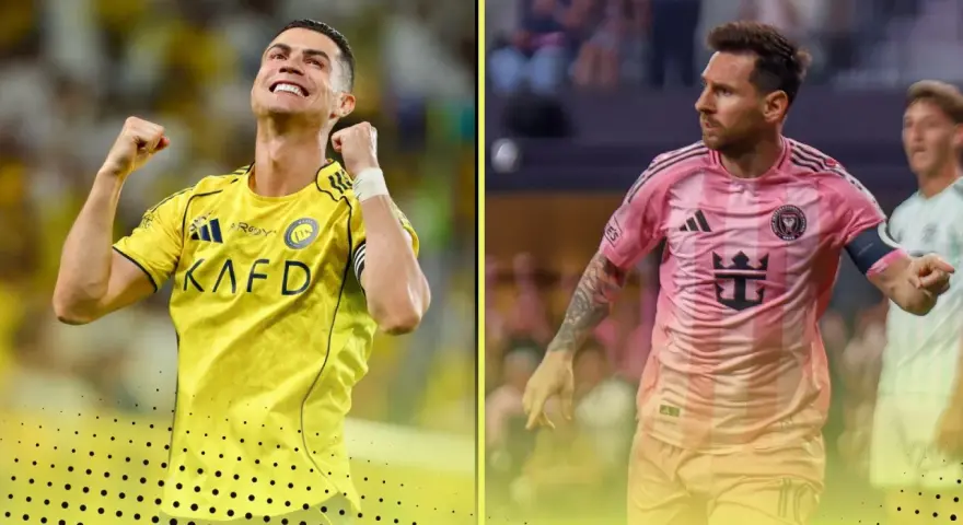 Ronaldo w żółtej koszulce świętuje, obok Messi w różowej. Kto ma więcej goli?