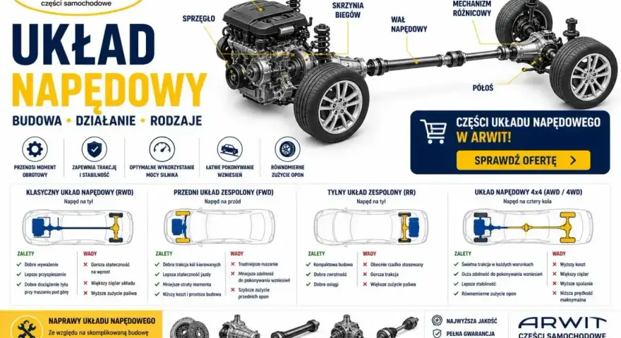 Schemat układu napędowego auta: silnik, skrzynia biegów, wał napędowy, mechanizm różnicowy, półosie.
