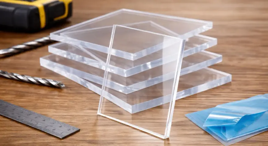 Stack of clear acrylic sheets, showcasing their plexiglass strength. Tools like a tape measure, drill bits, and ruler suggest a project in progress.