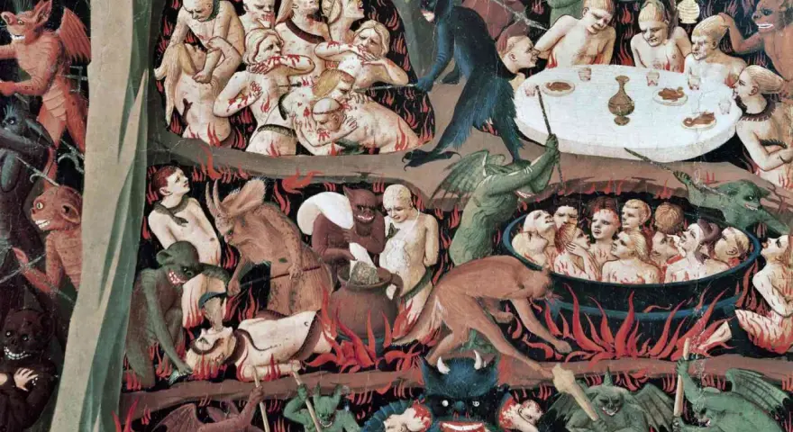 Piekło pełne potępionych dusz, torturowanych przez demony. Sceny ukazują grzech sodomski i inne występki, za które dusze cierpią wieczne męki.
