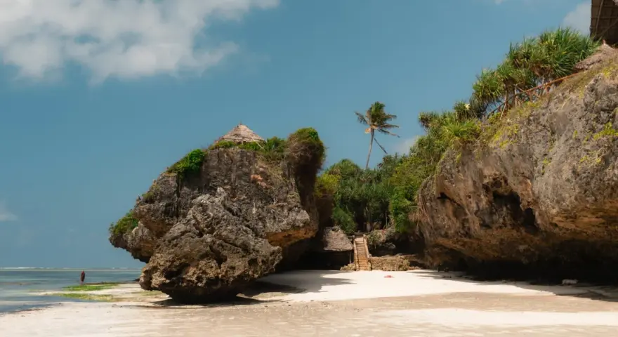Plaża na Zanzibarze w maju. Skaliste klify, tropikalna roślinność i chatka z trawy. W oddali widać samotną postać.