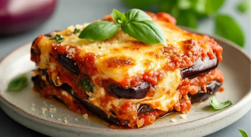 Porción de berenjenas a la parmesana, con capas de berenjena, salsa de tomate y queso derretido, decorada con albahaca fresca.