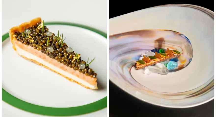 Pastel de salmón con caviar y oro, y un postre artístico con cristales de colores. Platos que evocan lo que significan las estrellas Michelin: excelencia culinaria.