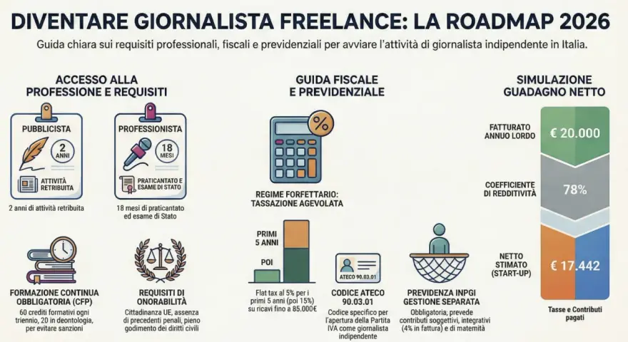 Guida per diventare giornalista freelance: requisiti, tasse, previdenza e guadagno netto. Un percorso per chi vuole fare il giornalista senza laurea.