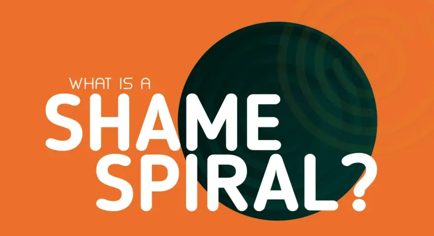 What is a shame spiral?" text on an orange background with a dark green circular graphic. Learn how to deal with shame.