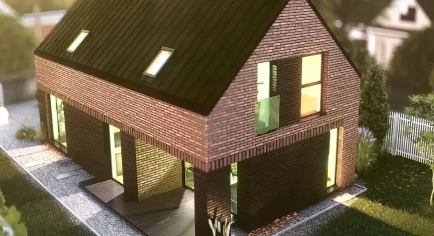Nowoczesny dom z cegły, z dużymi oknami i dachem pokrytym dachówką. Wokół zadbany ogród z białym płotem. Idealne gunb darmowe projekty dla Twojego wymarzonego domu.