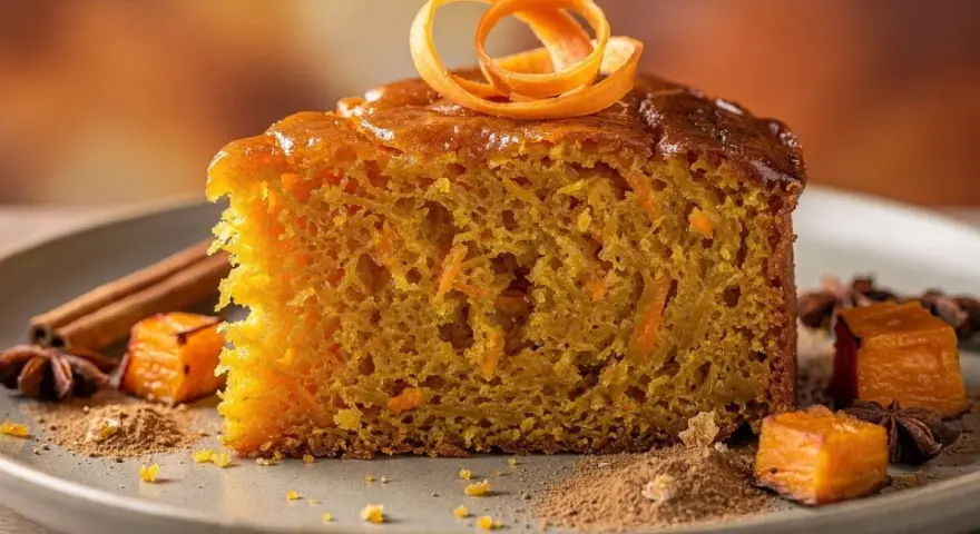 Tranche de gâteau moelleux à la carotte, décorée d'une spirale d'orange. Un délice gourmand, ce gâteau sans sucre est parsemé d'épices et de morceaux de citrouille.